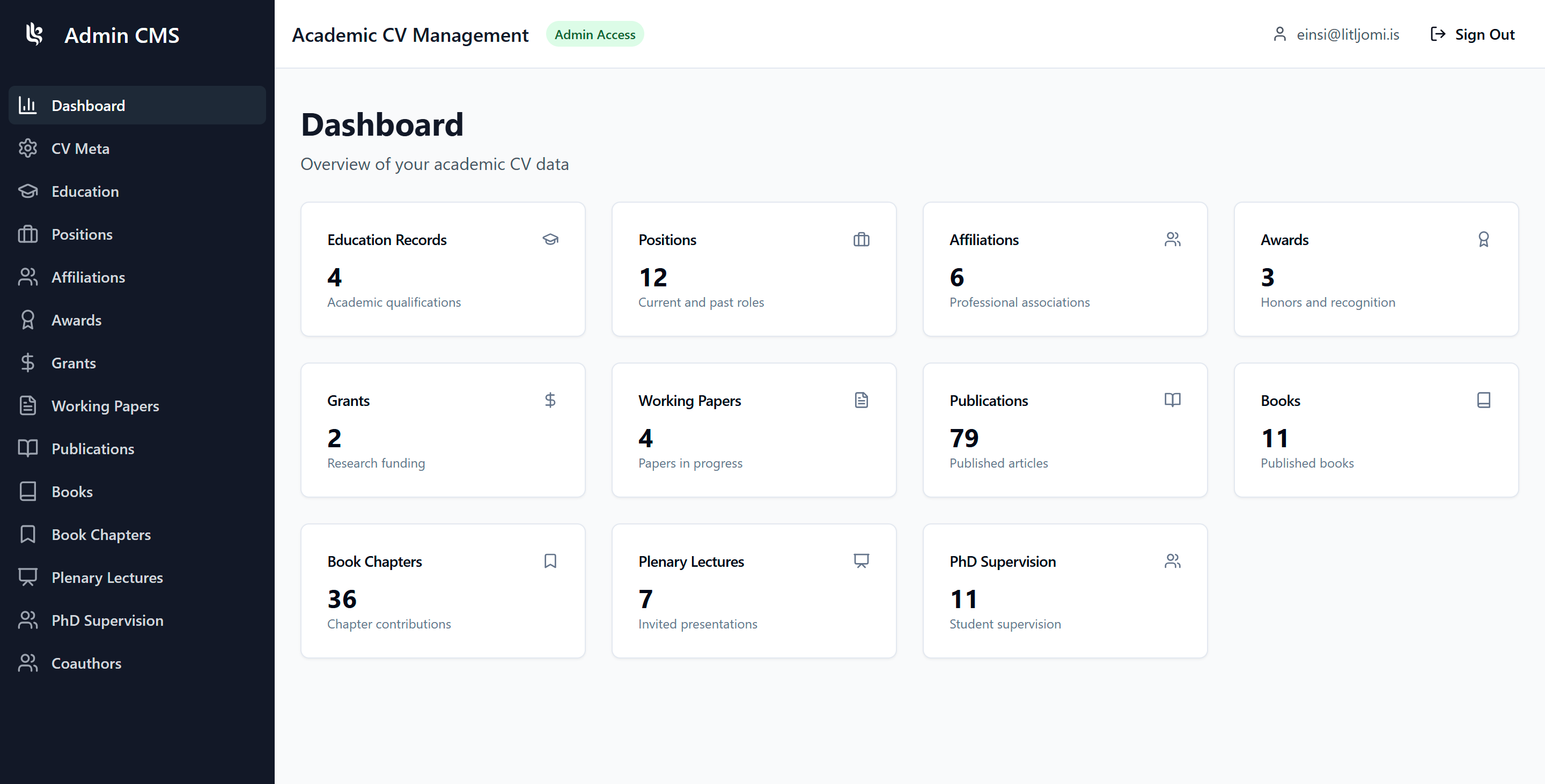 CMS dashboard interface for managing academic content
