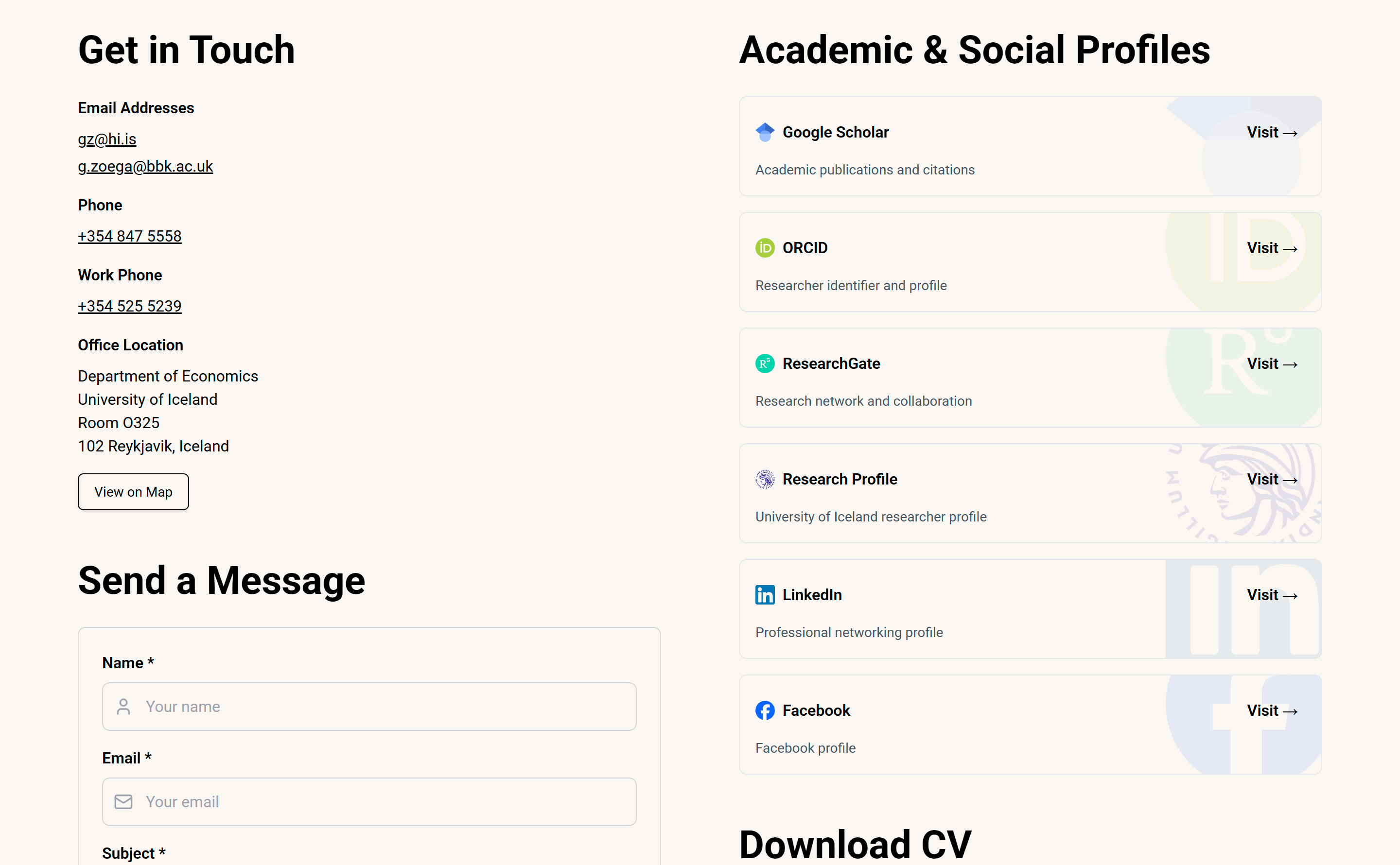 Contact page with professional details and contact form