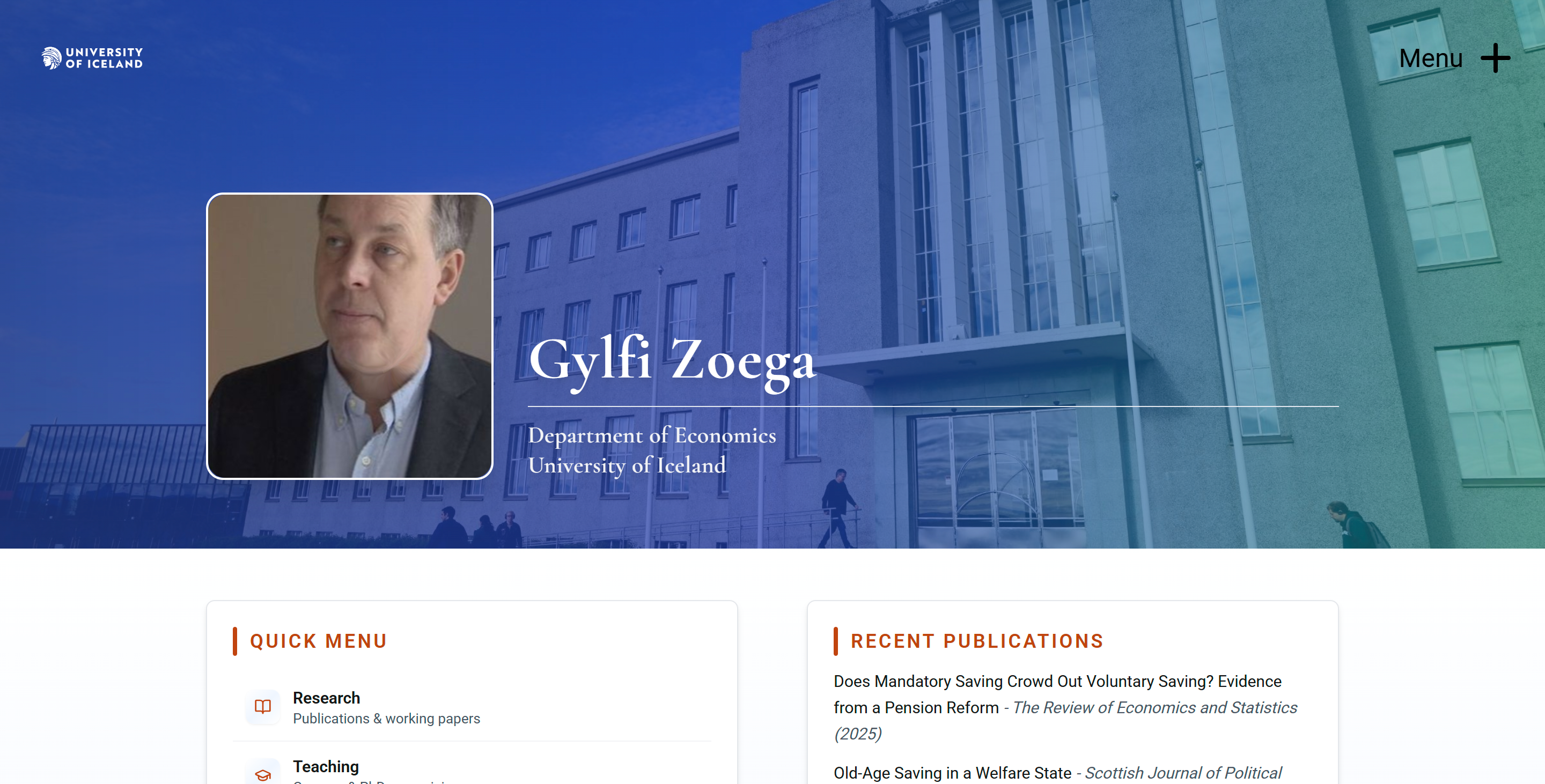 Professor Gylfi Zoega academic portfolio hero section