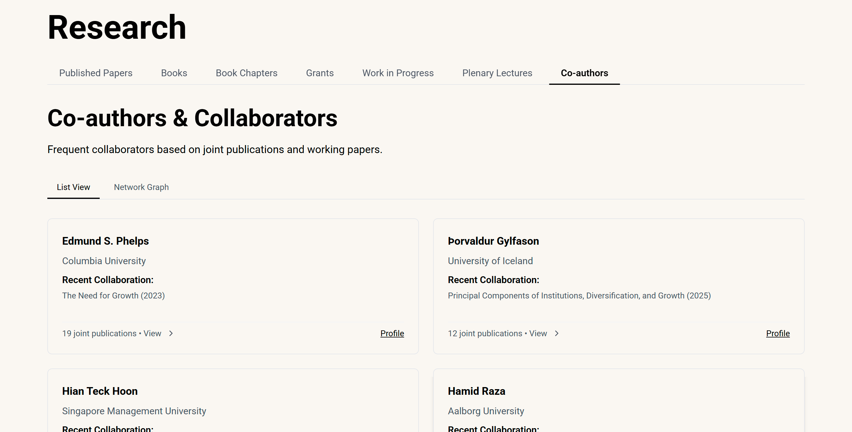 Research page co-authors section showing academic collaborations