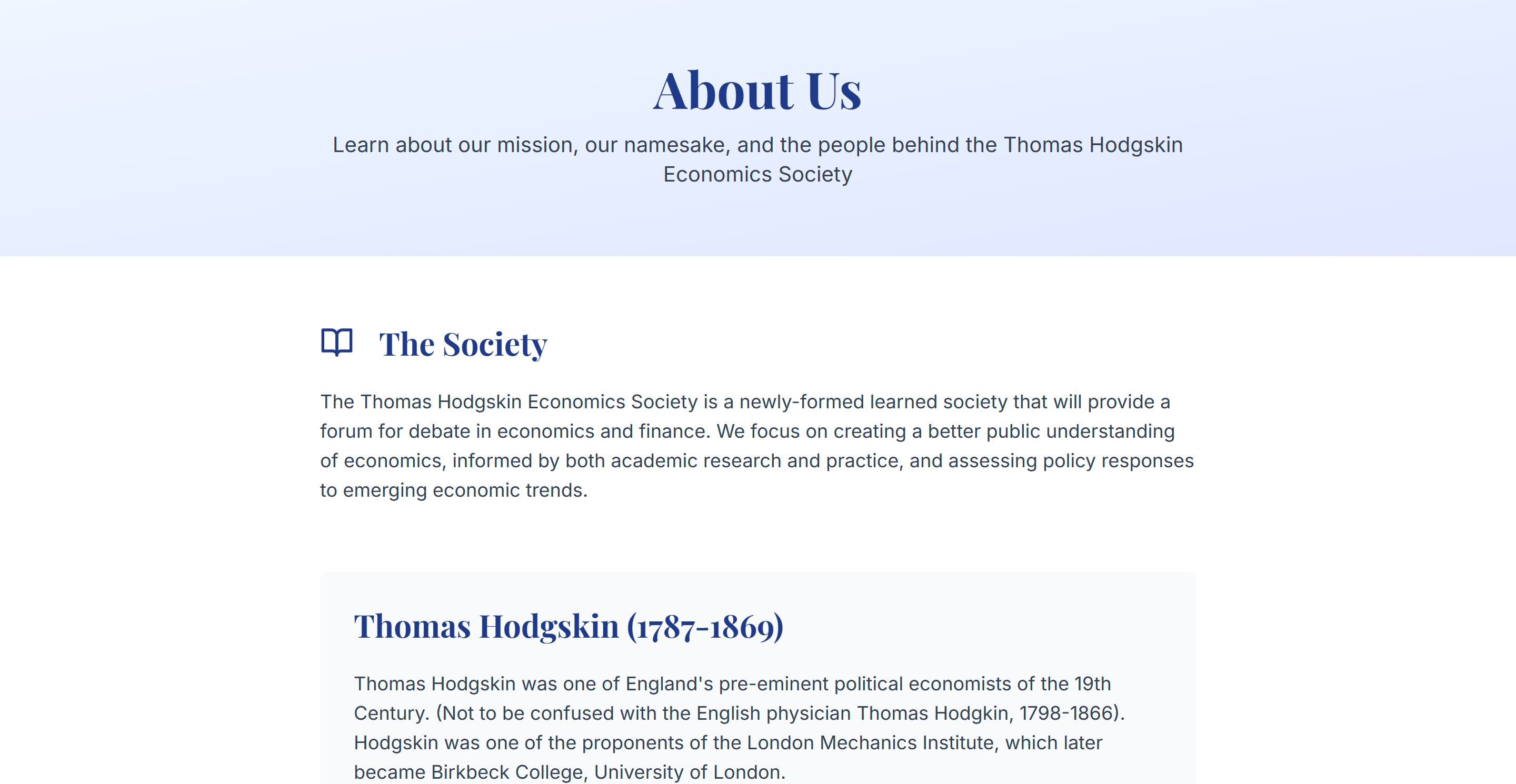 Detailed about page with society history and objectives
