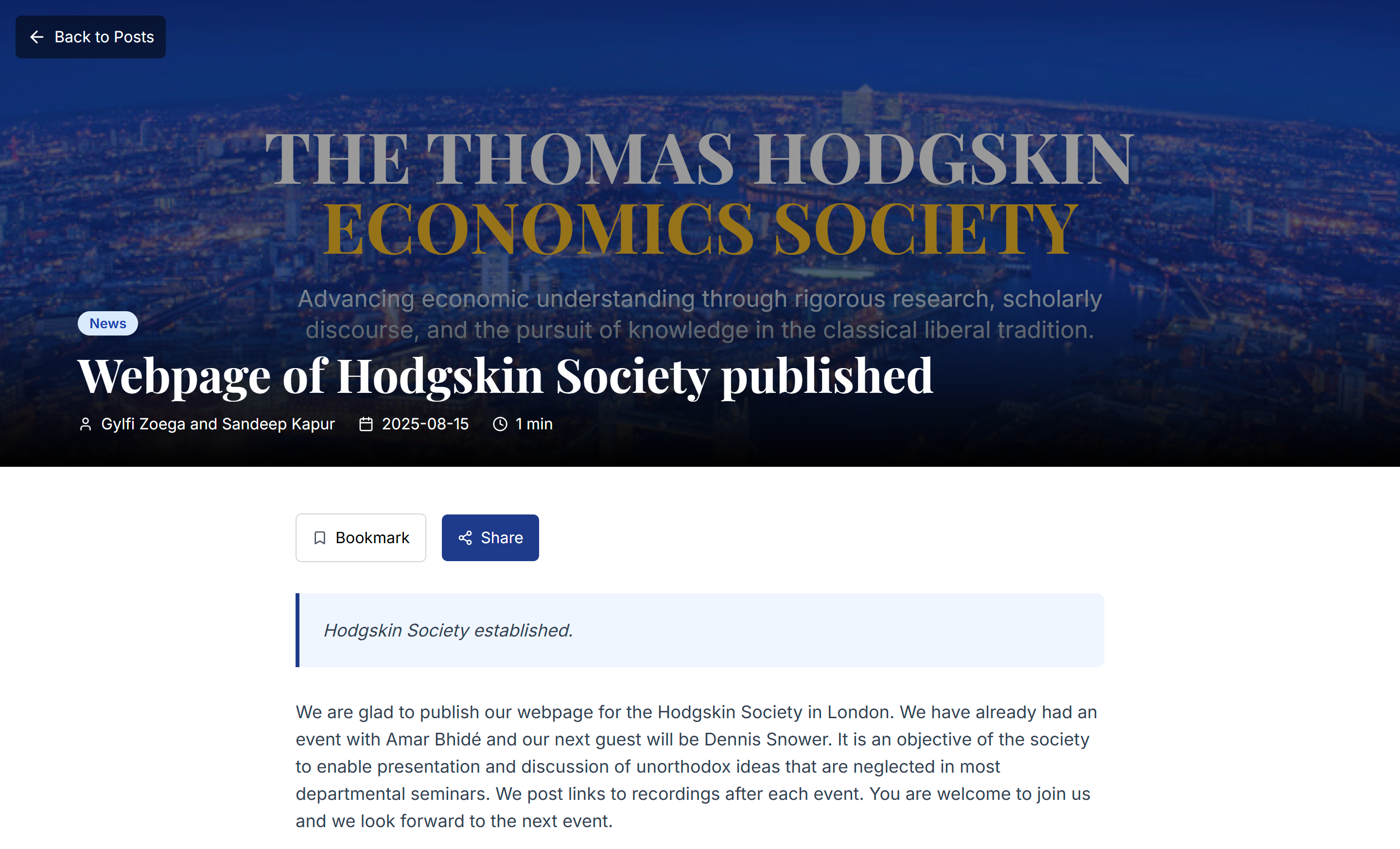 Individual post page displaying publications and articles