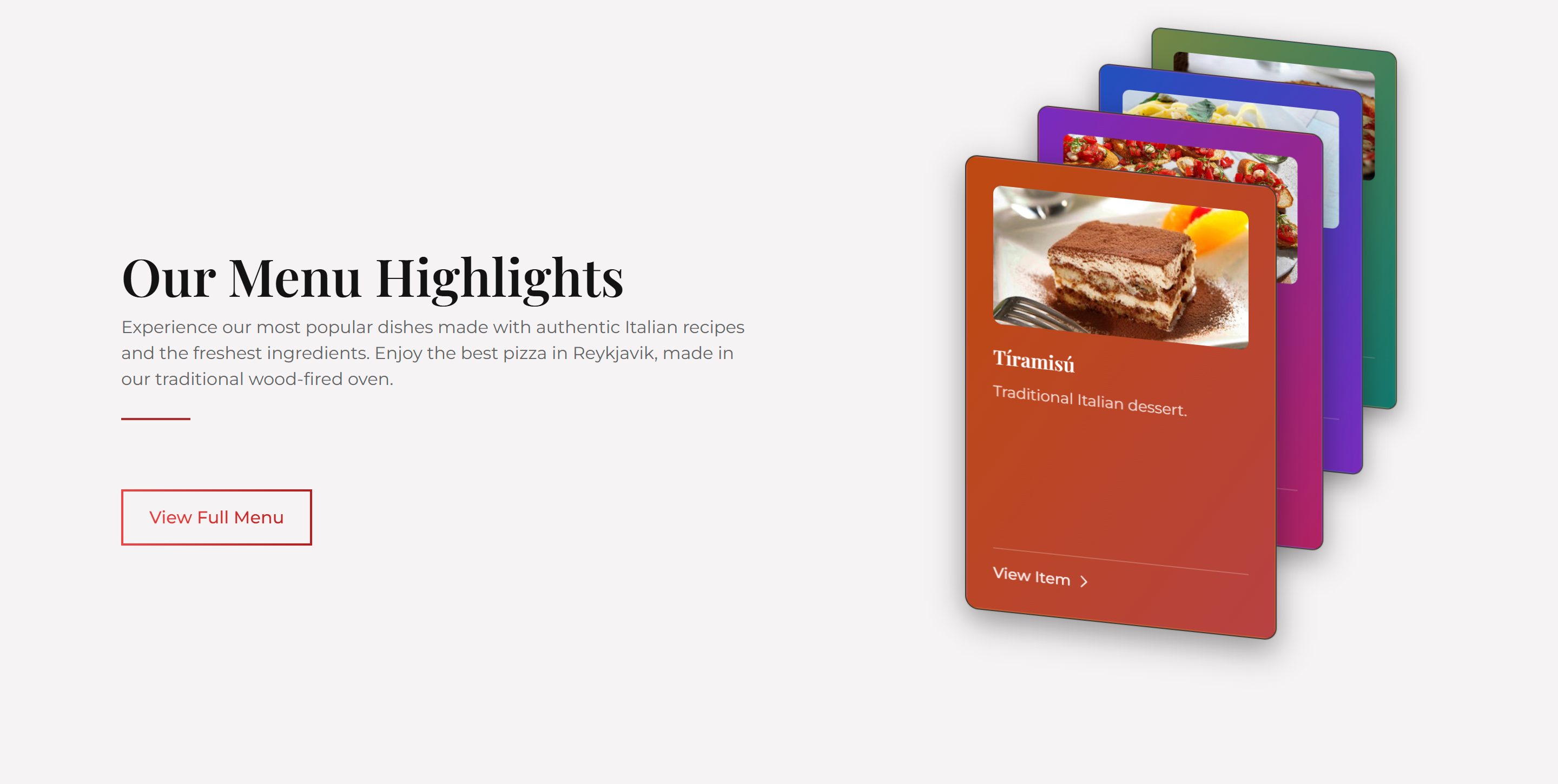 Homepage menu highlights section showcasing Italian dishes